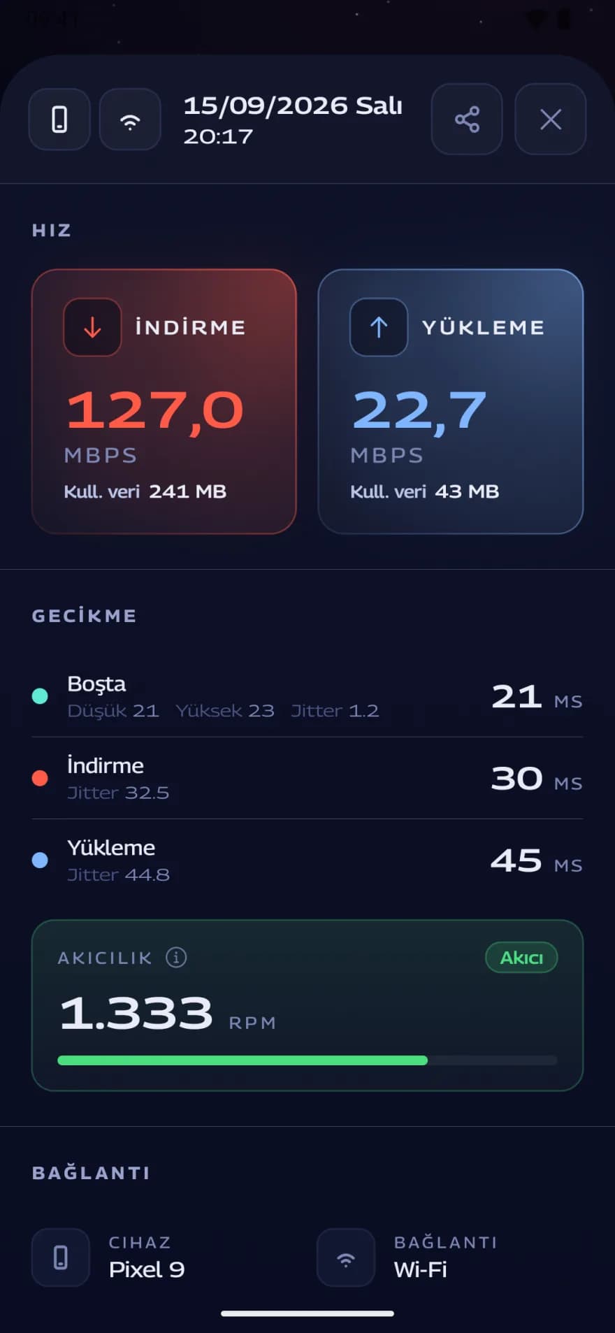 Android telefonda ölçüm ayrıntısı: bekleme süreleri, akıcılık puanı, cihaz ve bağlantı türü