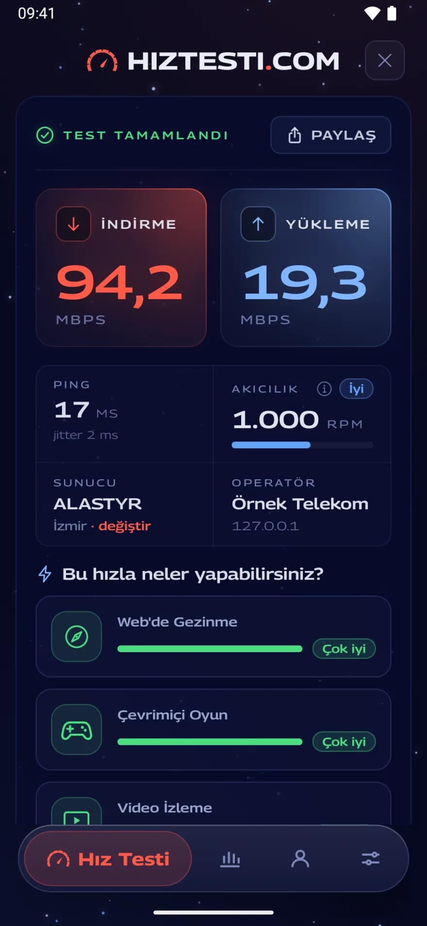 Android telefonda tamamlanmış ölçüm sonucu: indirme 94,2 ve yükleme 19,3 Mbps