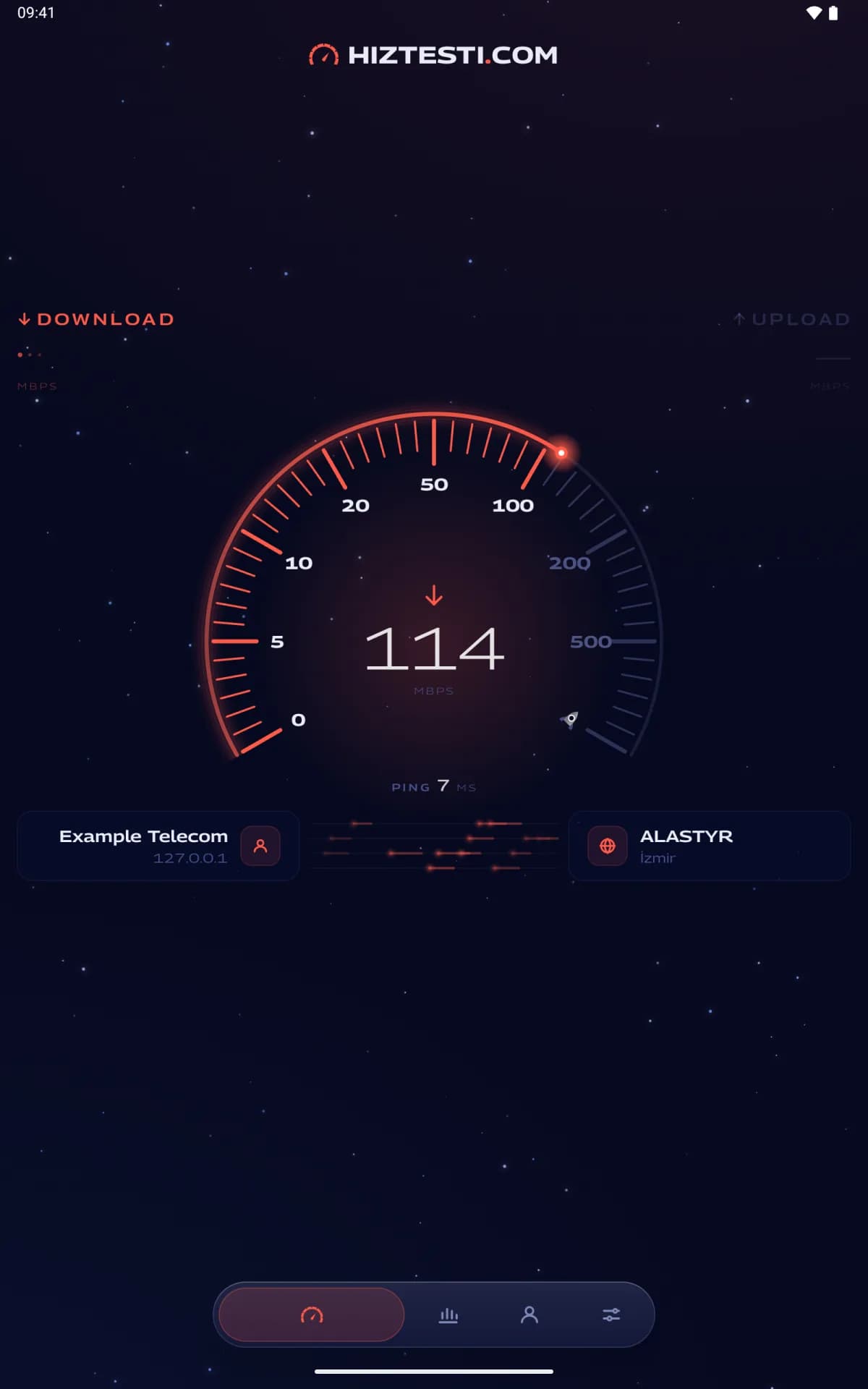 Android tablet showing the gauge with the download speed while a measurement runs