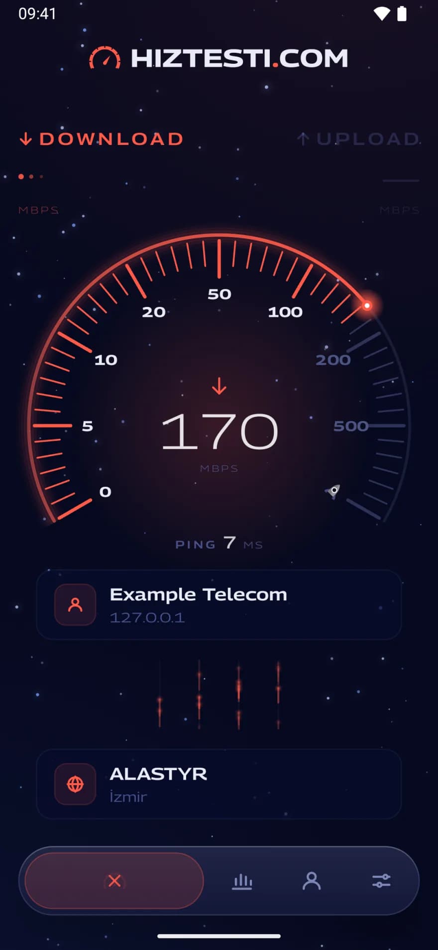 Android phone showing the gauge with the download speed and ping while a measurement runs