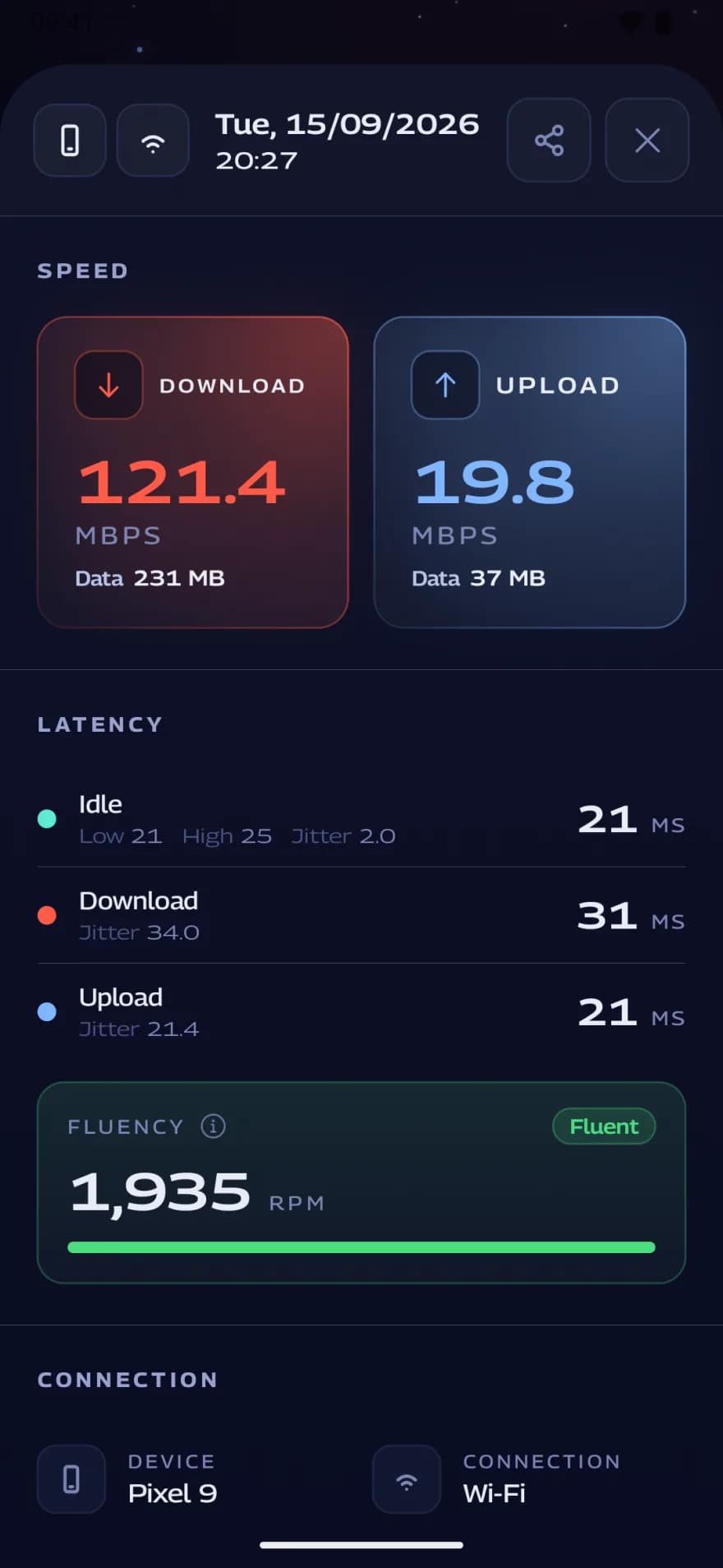 Android phone showing measurement details: waiting times, fluency score, device and connection type