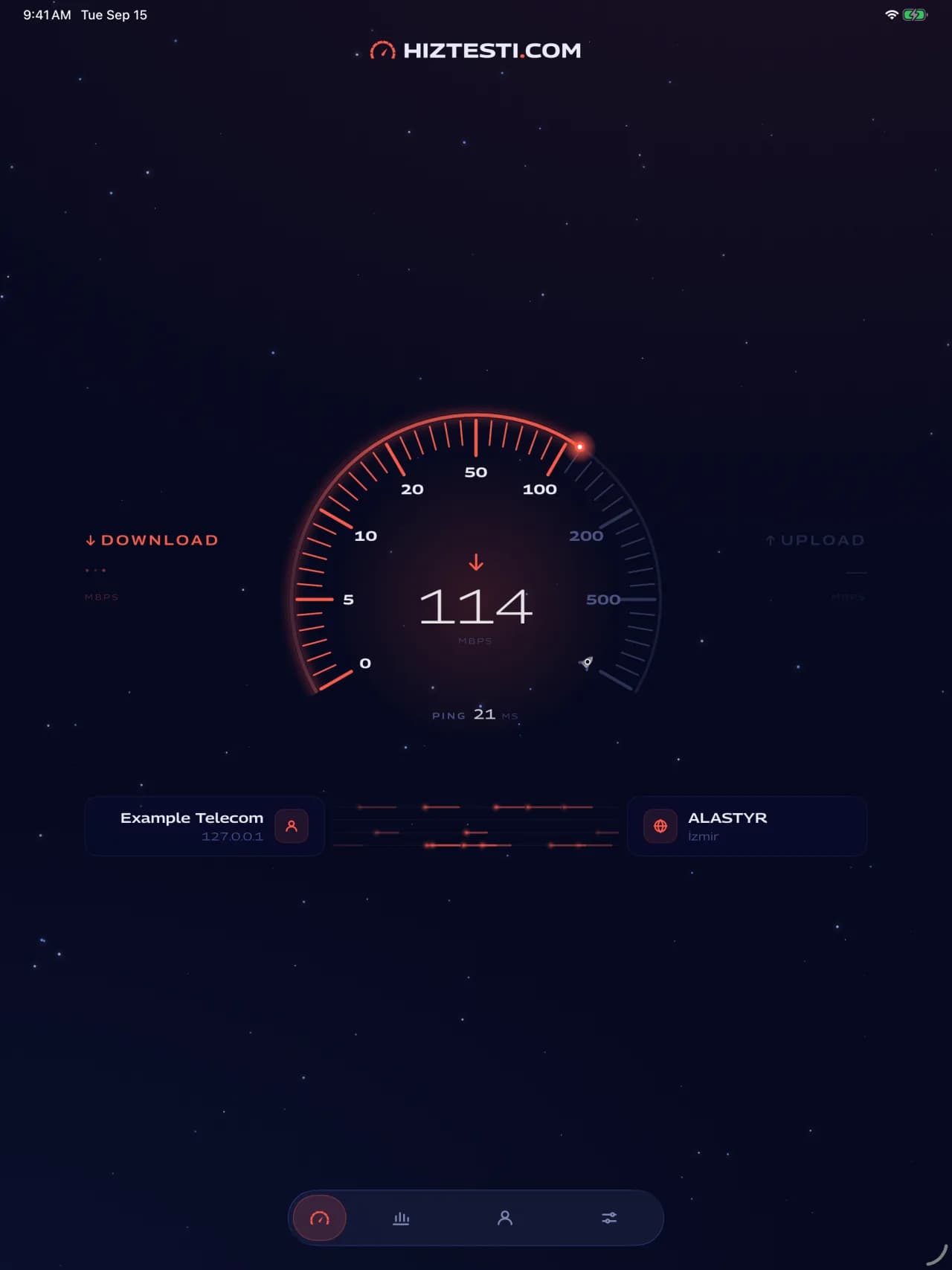 iPad showing the gauge with the download speed while a measurement runs