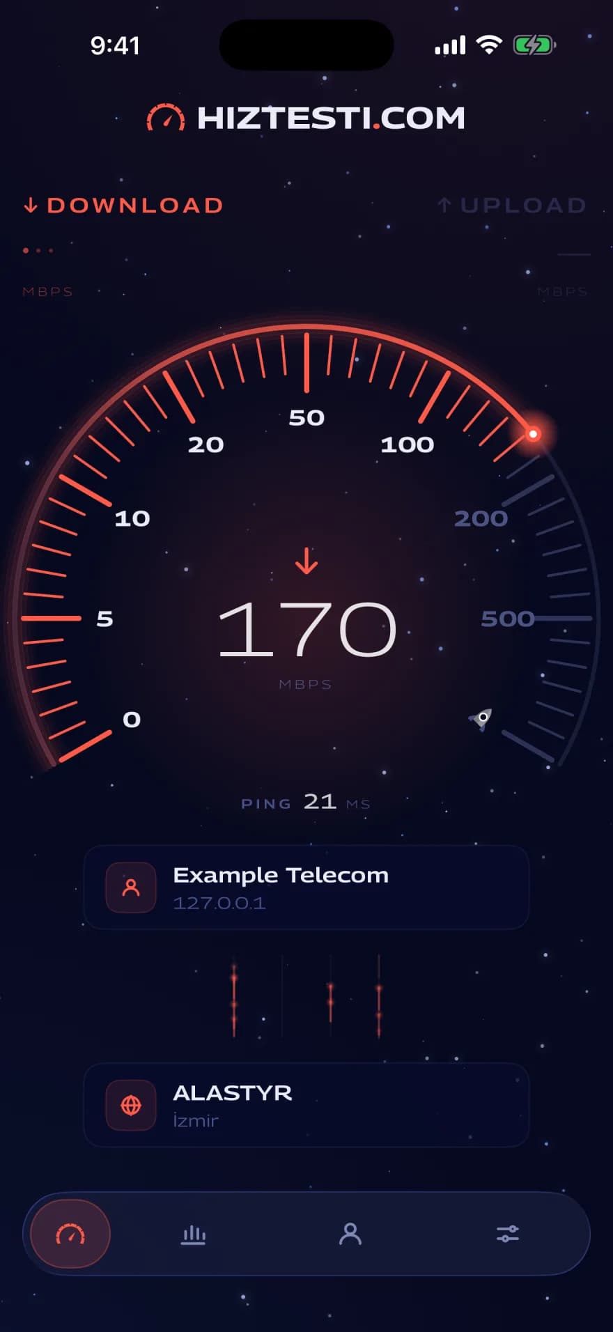 iPhone showing the gauge with the download speed and ping while a measurement runs