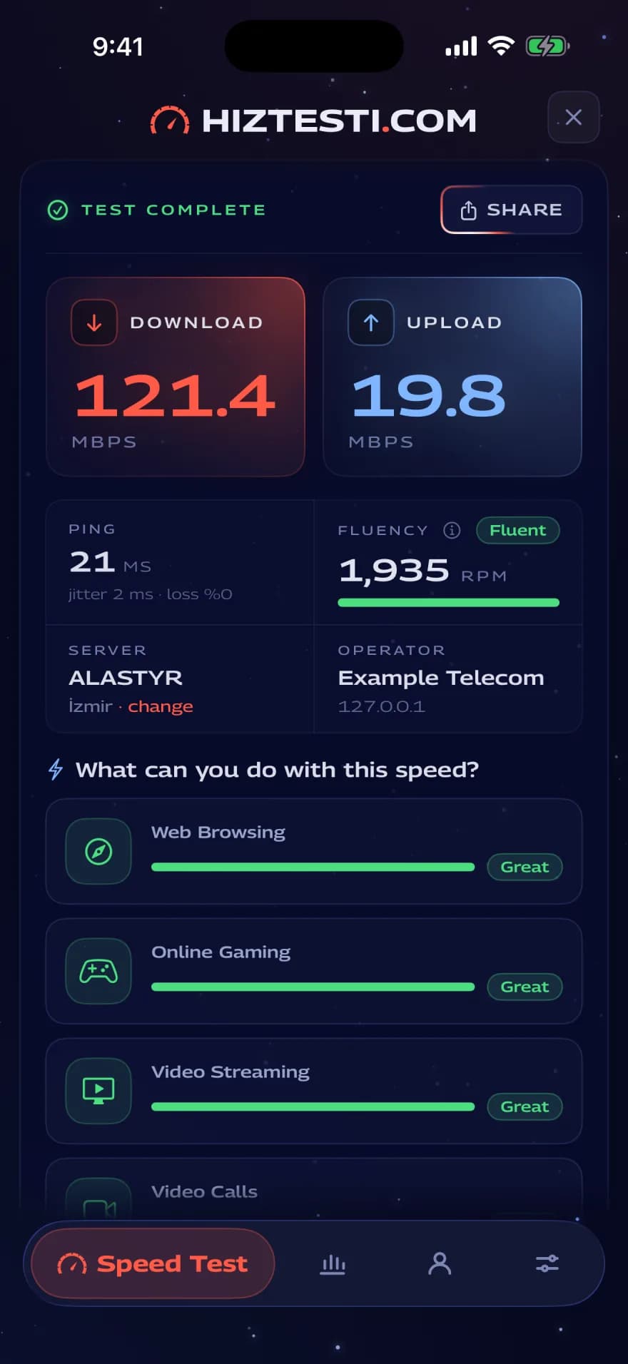iPhone showing a finished result: 94.2 download and 19.3 upload Mbps