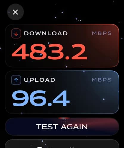 Apple Watch showing a finished result: 483.2 download and 96.4 upload Mbps