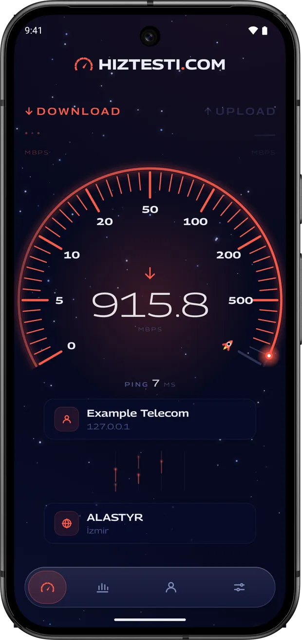 Android phone showing the gauge with the download speed and ping while a measurement runs