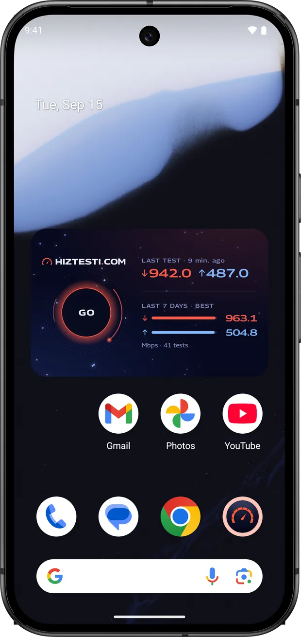 Android home screen HIZTESTI widget: last test 942.0 download and 487.0 upload Mbps with a GO button
