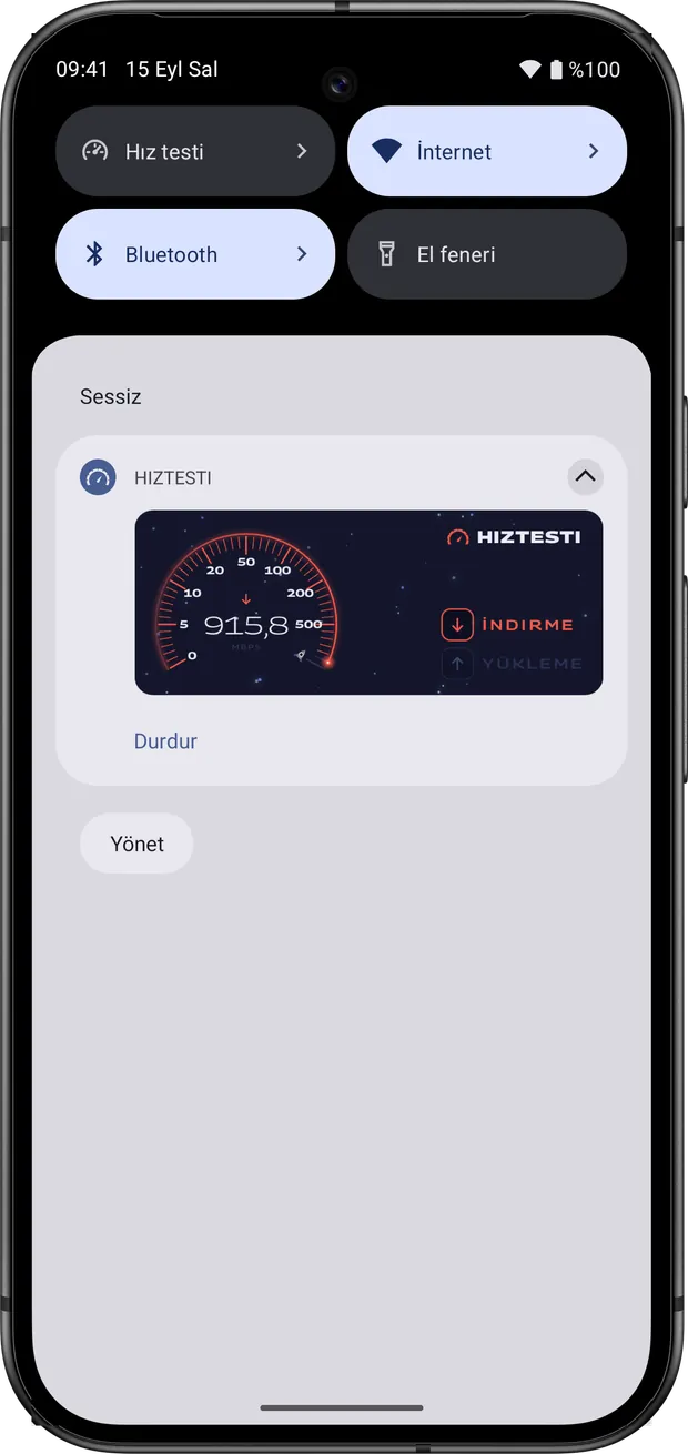 Android bildirim gölgesinde süren ölçümün kartı: indirme 915,8 Mbps ve Durdur düğmesi