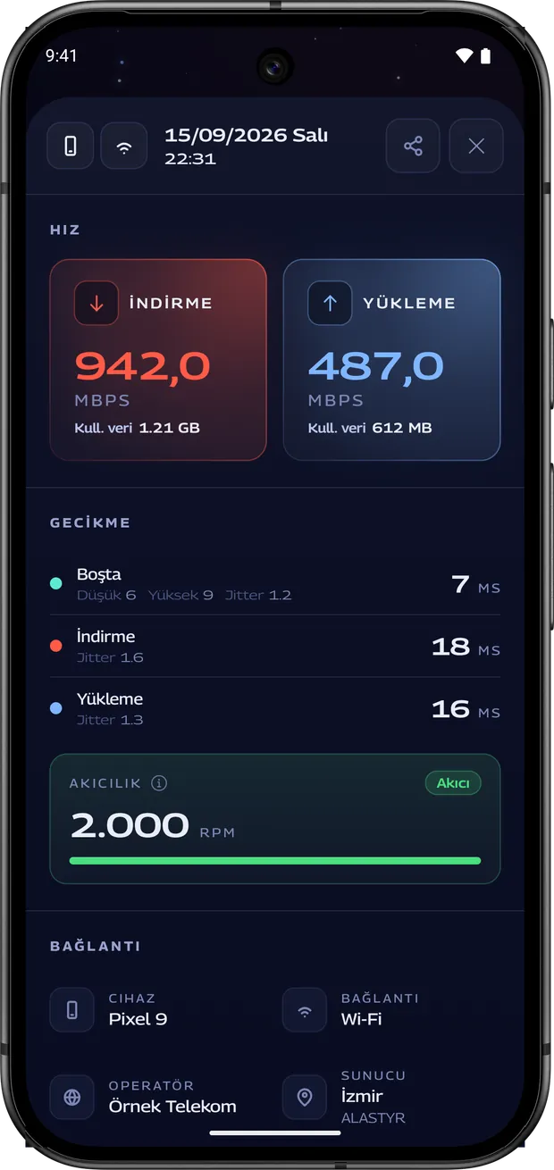 Android telefonda ölçüm ayrıntısı: bekleme süreleri, akıcılık puanı, cihaz ve bağlantı türü