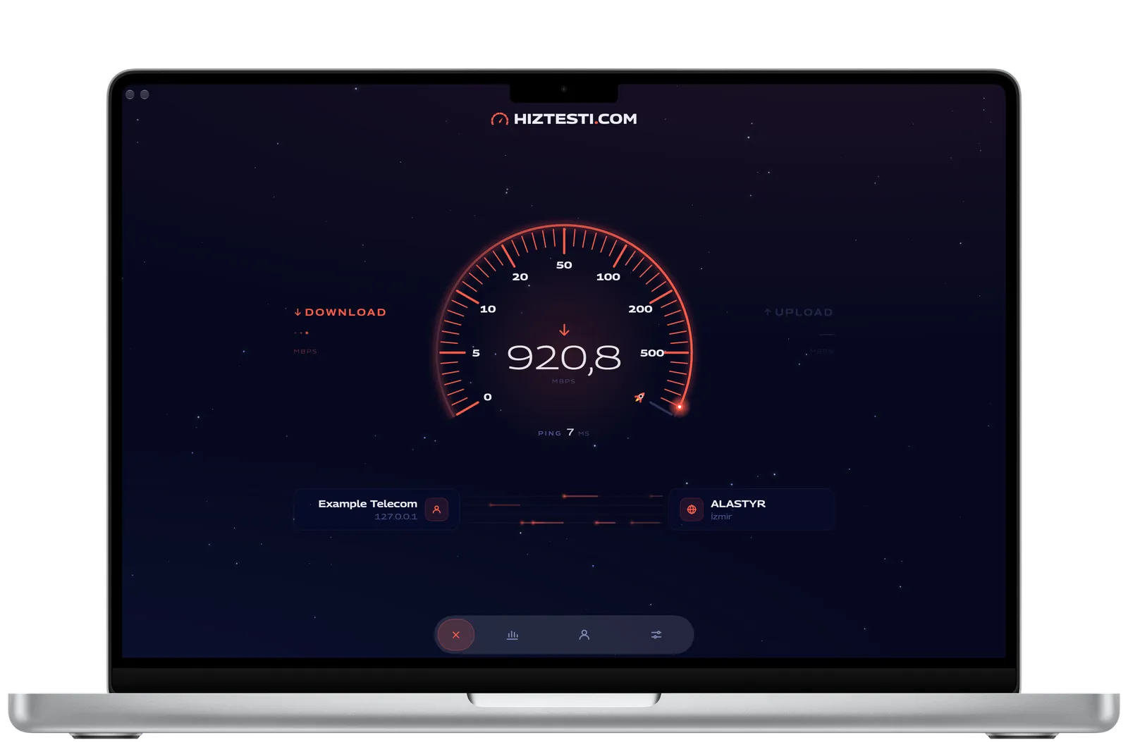 MacBook showing the gauge at 915.8 Mbps download while a measurement runs