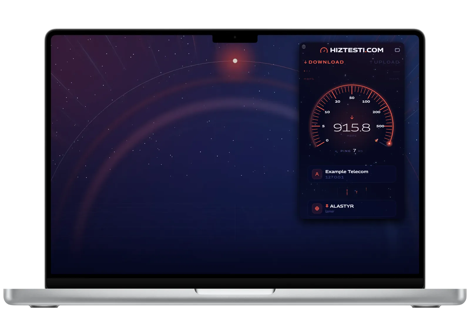 The compact HIZTESTI window opened from the menu bar, measuring 915.8 Mbps