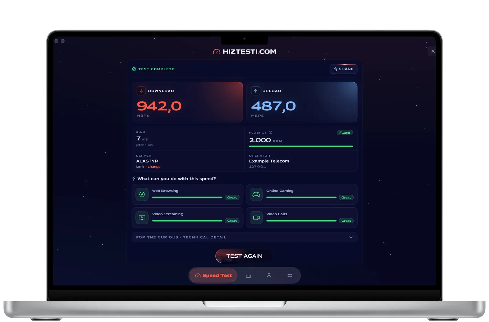 MacBook showing a finished result: 942 download and 487 upload Mbps