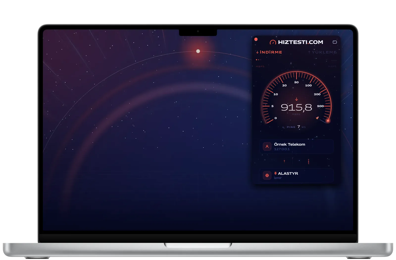 Menü çubuğundan açılan küçük HIZTESTI penceresi, 915,8 Mbps ölçüyor