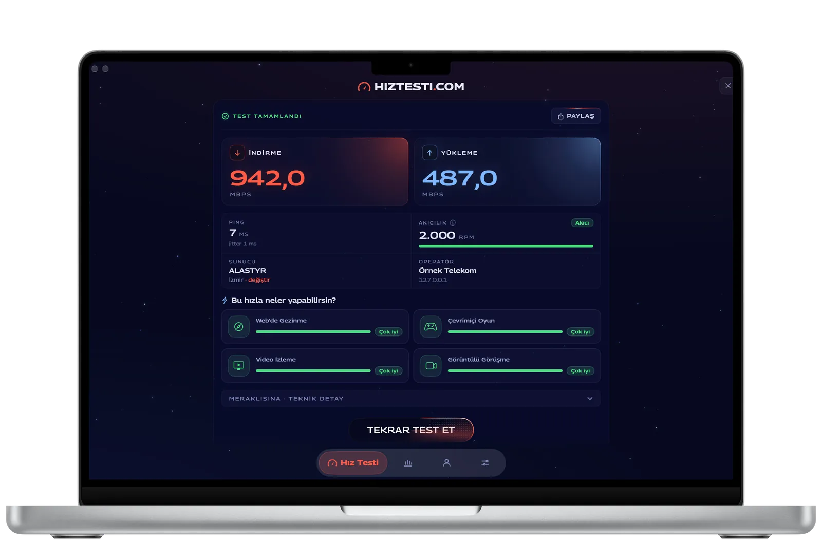 MacBook'ta tamamlanmış ölçüm sonucu: indirme 942 ve yükleme 487 Mbps