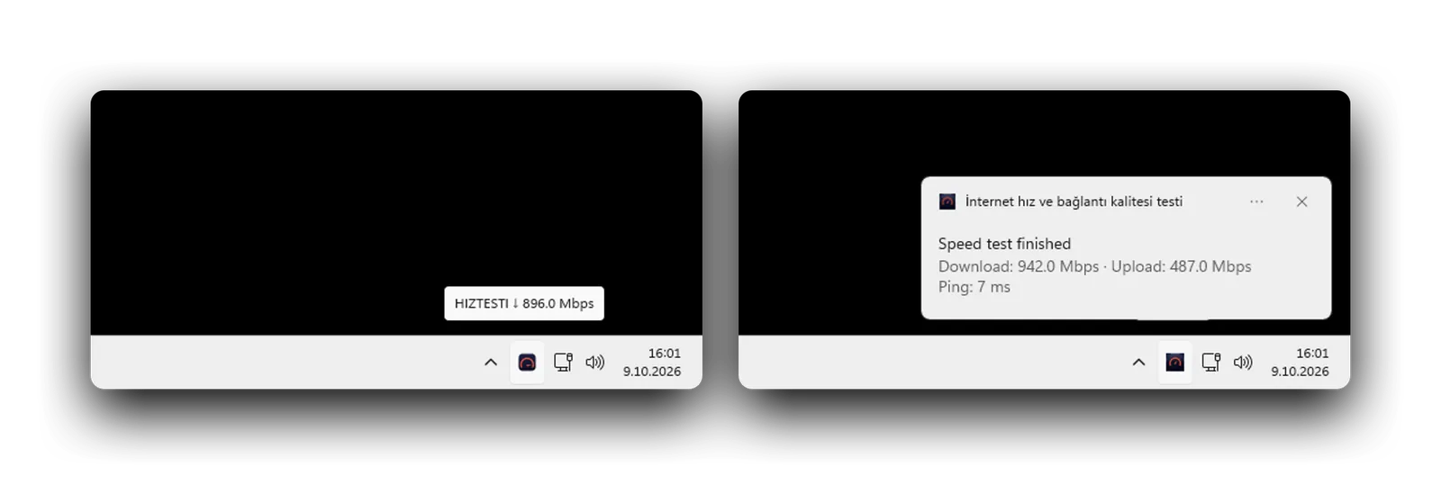 HIZTESTI in the Windows taskbar: the live speed in the icon tooltip while measuring, then a notification: 942 download, 487 upload Mbps