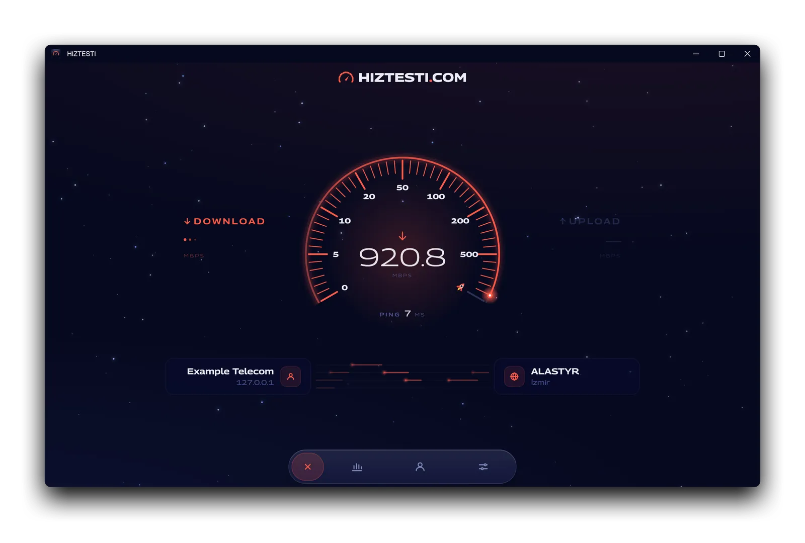 On Windows, the gauge shows 920.8 Mbps download while a measurement runs