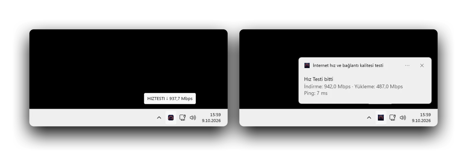 Windows görev çubuğunda HIZTESTI: ölçüm sürerken simgenin ipucunda anlık hız, bitince bildirim: indirme 942, yükleme 487 Mbps