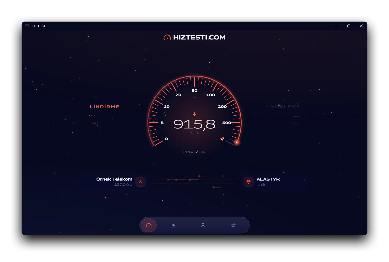 Windows'ta ölçüm sürerken gösterge indirme hızını 915,8 Mbps gösteriyor