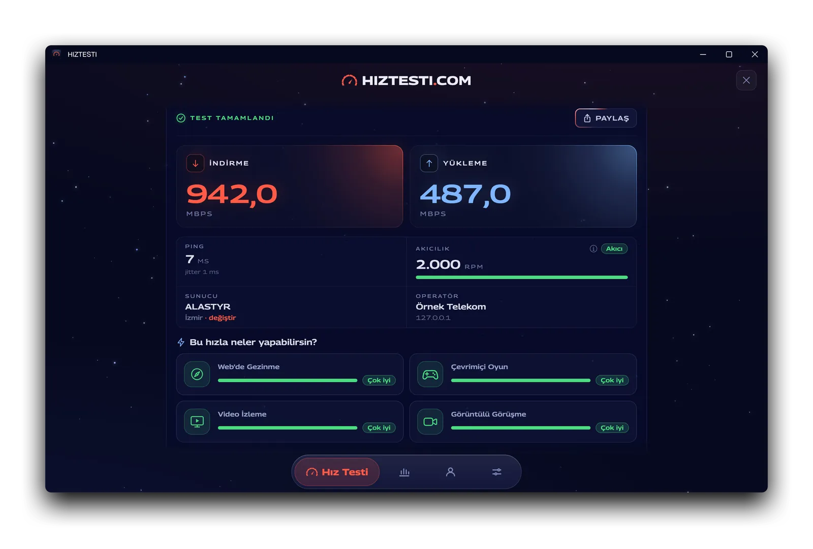 Windows'ta HIZTESTI penceresi: tamamlanmış ölçüm, indirme 942 ve yükleme 487 Mbps
